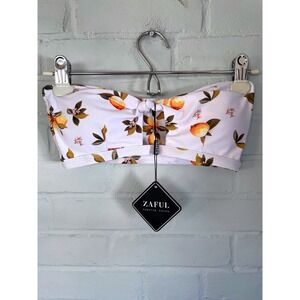 Zaful Lemon Print Bandeau Bikini Top White Citrus Floral Knot Front Size S NWT